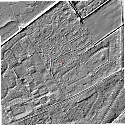 Shaded relief map of the ground around PR99FS, computed from Environment Agency LiDAR. The ground here sits at about 5 m above sea level and falls 7 m across the surrounding 800 m. Surface water reaching this point runs off ground lying to the south, 0.9 m higher.