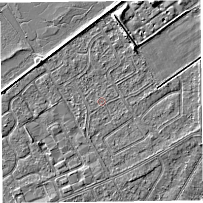 Shaded relief map of the ground around PR99FT, computed from Environment Agency LiDAR. The ground here sits at about 5 m above sea level and falls 8 m across the surrounding 800 m. Surface water reaching this point runs off ground lying to the north-west, 2.6 m higher.
