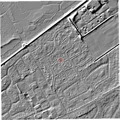 Shaded relief map of the ground around PR99FX, computed from Environment Agency LiDAR. The ground here sits at about 5 m above sea level and falls 8 m across the surrounding 800 m. Surface water reaching this point runs off ground lying to the south, 0.9 m higher.
