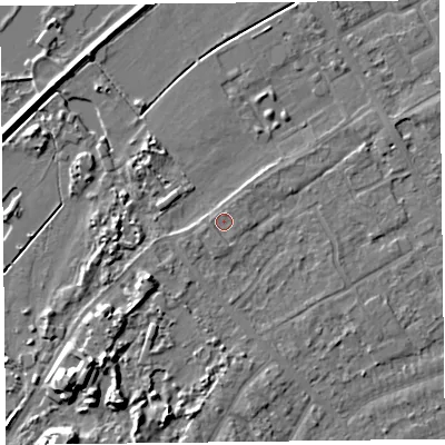 Shaded relief map of the ground around PR99FY, computed from Environment Agency LiDAR. The ground here sits at about 6 m above sea level and falls 8 m across the surrounding 800 m. Surface water reaching this point runs off ground lying to the south-south-west, 0.9 m higher.