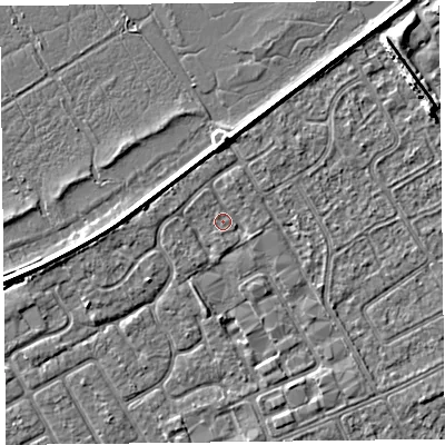 Shaded relief map of the ground around PR99GA, computed from Environment Agency LiDAR. The ground here sits at about 5 m above sea level and falls 4 m across the surrounding 800 m. Surface water reaching this point runs off ground lying to the east-south-east, 0.8 m higher.