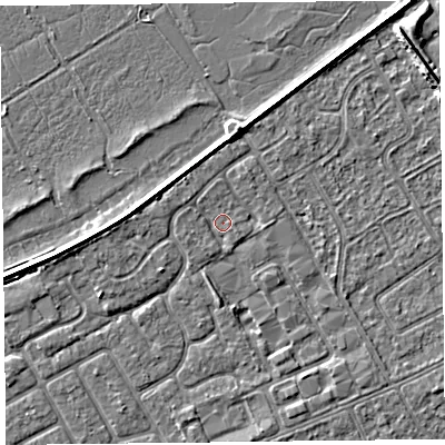 Shaded relief map of the ground around PR99GB, computed from Environment Agency LiDAR. The ground here sits at about 5 m above sea level and falls 4 m across the surrounding 800 m. Surface water reaching this point runs off ground lying to the north-west, 1.1 m higher.