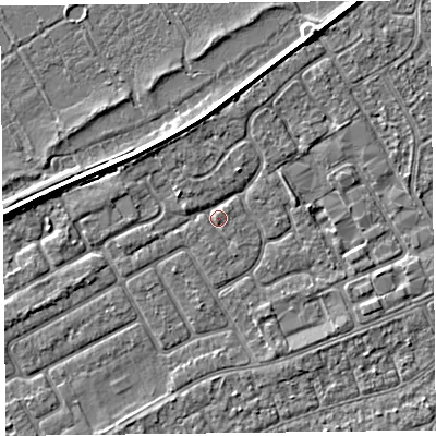 Shaded relief map of the ground around PR99GH, computed from Environment Agency LiDAR. The ground here sits at about 5 m above sea level and falls 3 m across the surrounding 800 m. Surface water reaching this point runs off ground lying to the north-west, 1.0 m higher.