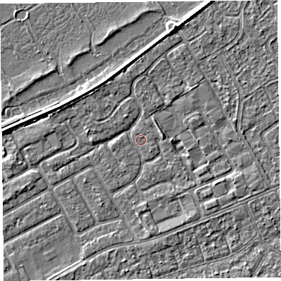 Shaded relief map of the ground around PR99GJ, computed from Environment Agency LiDAR. The ground here sits at about 5 m above sea level and falls 3 m across the surrounding 800 m. Surface water reaching this point runs off ground lying to the north-west, 2.7 m higher.