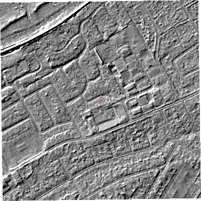 Shaded relief map of the ground around PR99GN, computed from Environment Agency LiDAR. The ground here sits at about 5 m above sea level and falls 3 m across the surrounding 800 m. Surface water reaching this point runs off ground lying to the east-south-east, 0.7 m higher.