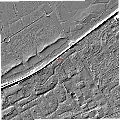 Shaded relief map of the ground around PR99GP, computed from Environment Agency LiDAR. The ground here sits at about 5 m above sea level and falls 3 m across the surrounding 800 m. Surface water reaching this point runs off ground lying to the west-south-west, 1.8 m higher.