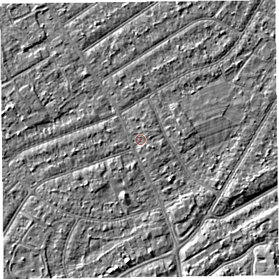 Shaded relief map of the ground around PR99NA, computed from Environment Agency LiDAR. The ground here sits at about 6 m above sea level and falls 3 m across the surrounding 800 m. Surface water reaching this point runs off ground lying to the south-east, 0.9 m higher.