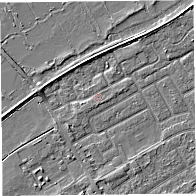 Shaded relief map of the ground around PR99NR, computed from Environment Agency LiDAR. The ground here sits at about 5 m above sea level and falls 3 m across the surrounding 800 m. Surface water reaching this point runs off ground lying to the south-east, 0.7 m higher.