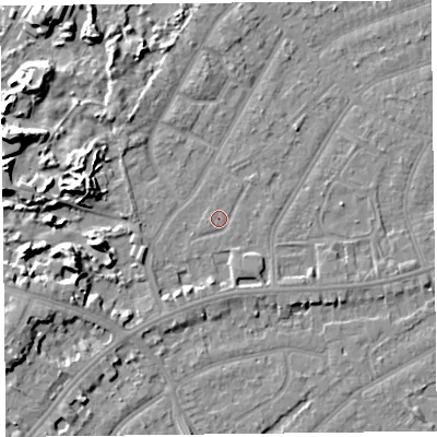 Shaded relief map of the ground around PR99NS, computed from Environment Agency LiDAR. The ground here sits at about 6 m above sea level and falls 9 m across the surrounding 800 m. Surface water reaching this point runs off ground lying to the south-south-east, 1.5 m higher.