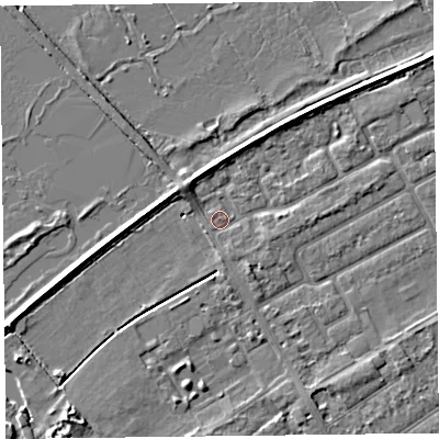 Shaded relief map of the ground around PR99NT, computed from Environment Agency LiDAR. The ground here sits at about 5 m above sea level and falls 4 m across the surrounding 800 m. Surface water reaching this point runs off ground lying to the south-south-east, 1.7 m higher.