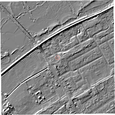 Shaded relief map of the ground around PR99NU, computed from Environment Agency LiDAR. The ground here sits at about 5 m above sea level and falls 4 m across the surrounding 800 m. Surface water reaching this point runs off ground lying to the south, 1.6 m higher.