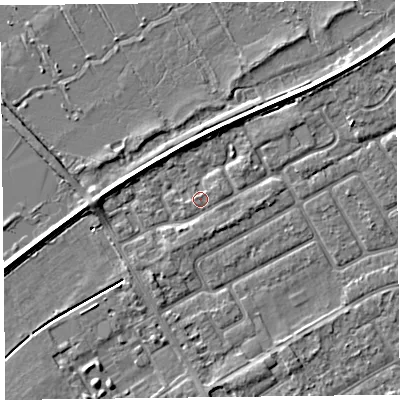 Shaded relief map of the ground around PR99NX, computed from Environment Agency LiDAR. The ground here sits at about 5 m above sea level and falls 3 m across the surrounding 800 m. Surface water reaching this point runs off ground lying to the east-north-east, 1.0 m higher.