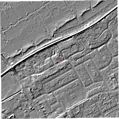 Shaded relief map of the ground around PR99NY, computed from Environment Agency LiDAR. The ground here sits at about 5 m above sea level and falls 3 m across the surrounding 800 m. Surface water reaching this point runs off ground lying to the west, 2.7 m higher.