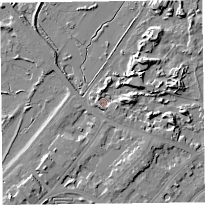 Shaded relief map of the ground around PR99PB, computed from Environment Agency LiDAR. The ground here sits at about 7 m above sea level and falls 10 m across the surrounding 800 m. Surface water reaching this point runs off ground lying to the east-south-east, 3.4 m higher.