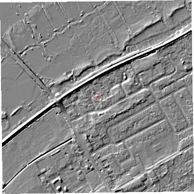 Shaded relief map of the ground around PR99PH, computed from Environment Agency LiDAR. The ground here sits at about 5 m above sea level and falls 3 m across the surrounding 800 m. Surface water reaching this point runs off ground lying to the south-south-west, 1.7 m higher.