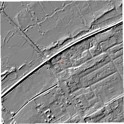 Shaded relief map of the ground around PR99PJ, computed from Environment Agency LiDAR. The ground here sits at about 5 m above sea level and falls 3 m across the surrounding 800 m. Surface water reaching this point runs off ground lying to the south-south-east, 1.8 m higher.
