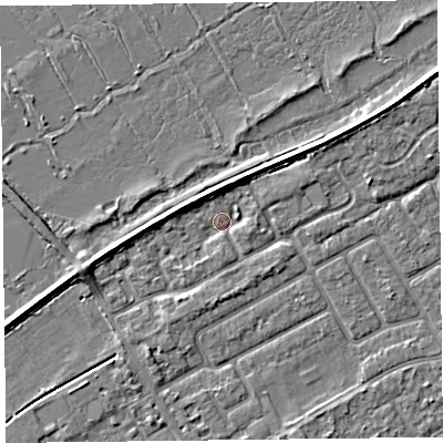 Shaded relief map of the ground around PR99PL, computed from Environment Agency LiDAR. The ground here sits at about 5 m above sea level and falls 3 m across the surrounding 800 m. Surface water reaching this point runs off ground lying to the west-south-west, 2.7 m higher.