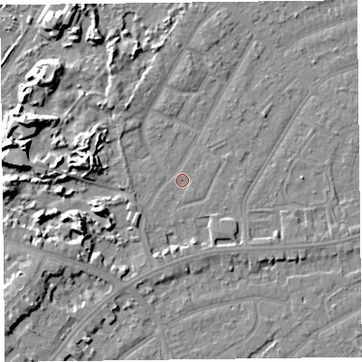 Shaded relief map of the ground around PR99PS, computed from Environment Agency LiDAR. The ground here sits at about 6 m above sea level and falls 10 m across the surrounding 800 m. Surface water reaching this point runs off ground lying to the west-south-west, 7.1 m higher.