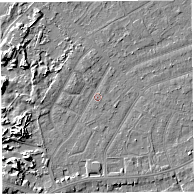 Shaded relief map of the ground around PR99PX, computed from Environment Agency LiDAR. The ground here sits at about 6 m above sea level and falls 8 m across the surrounding 800 m. Surface water reaching this point runs off ground lying to the south-west, 7.1 m higher.