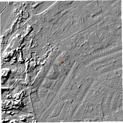 Shaded relief map of the ground around PR99PY, computed from Environment Agency LiDAR. The ground here sits at about 7 m above sea level and falls 8 m across the surrounding 800 m. Surface water reaching this point runs off ground lying to the north-north-east, 1.6 m higher.