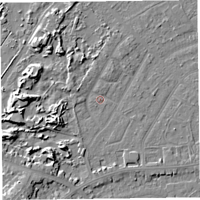 Shaded relief map of the ground around PR99PZ, computed from Environment Agency LiDAR. The ground here sits at about 6 m above sea level and falls 10 m across the surrounding 800 m. Surface water reaching this point runs off ground lying to the north-north-east, 1.2 m higher.