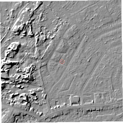 Shaded relief map of the ground around PR99QA, computed from Environment Agency LiDAR. The ground here sits at about 6 m above sea level and falls 10 m across the surrounding 800 m. Surface water reaching this point runs off ground lying to the north-west, 1.2 m higher.