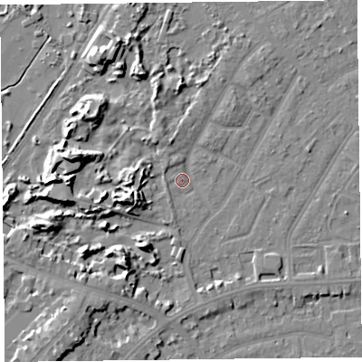 Shaded relief map of the ground around PR99QB, computed from Environment Agency LiDAR. The ground here sits at about 6 m above sea level and falls 10 m across the surrounding 800 m. Surface water reaching this point runs off ground lying to the west-south-west, 5.9 m higher.