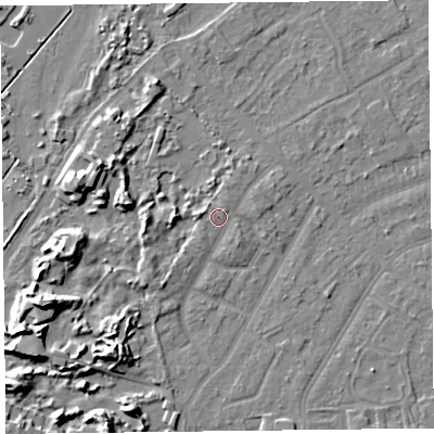 Shaded relief map of the ground around PR99QD, computed from Environment Agency LiDAR. The ground here sits at about 7 m above sea level and falls 10 m across the surrounding 800 m. Surface water reaching this point runs off ground lying to the west, 1.4 m higher.