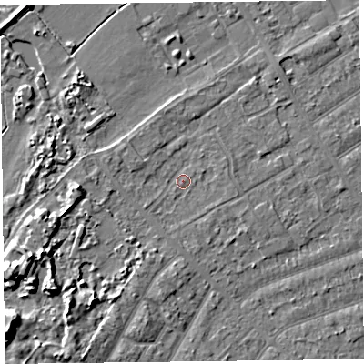 Shaded relief map of the ground around PR99QE, computed from Environment Agency LiDAR. The ground here sits at about 6 m above sea level and falls 8 m across the surrounding 800 m. Surface water reaching this point runs off ground lying to the south-west, 5.8 m higher.