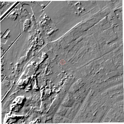 Shaded relief map of the ground around PR99QF, computed from Environment Agency LiDAR. The ground here sits at about 6 m above sea level and falls 10 m across the surrounding 800 m. Surface water reaching this point runs off ground lying to the south-west, 5.6 m higher.