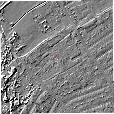 Shaded relief map of the ground around PR99QG, computed from Environment Agency LiDAR. The ground here sits at about 6 m above sea level and falls 7 m across the surrounding 800 m. Surface water reaching this point runs off ground lying to the south-east, 0.9 m higher.