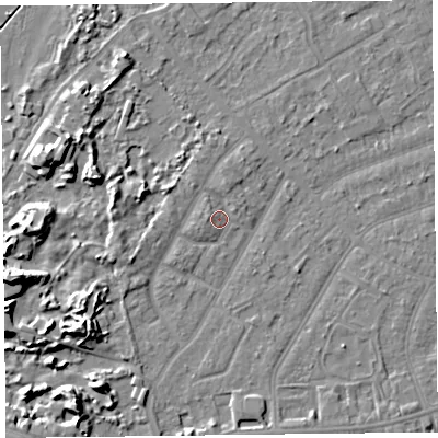 Shaded relief map of the ground around PR99QH, computed from Environment Agency LiDAR. The ground here sits at about 7 m above sea level and falls 10 m across the surrounding 800 m. Surface water reaching this point runs off ground lying to the west-north-west, 1.4 m higher.