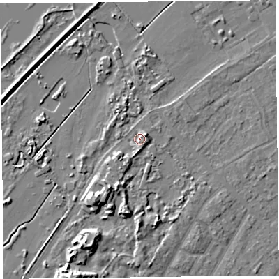 Shaded relief map of the ground around PR99QN, computed from Environment Agency LiDAR. The ground here sits at about 7 m above sea level and falls 10 m across the surrounding 800 m. Surface water reaching this point runs off ground lying to the east-north-east, 3.2 m higher.