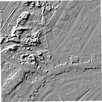Shaded relief map of the ground around PR99QQ, computed from Environment Agency LiDAR. The ground here sits at about 6 m above sea level and falls 10 m across the surrounding 800 m. Surface water reaching this point runs off ground lying to the south-west, 1.1 m higher.