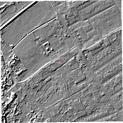 Shaded relief map of the ground around PR99QR, computed from Environment Agency LiDAR. The ground here sits at about 6 m above sea level and falls 6 m across the surrounding 800 m. Surface water reaching this point runs off ground lying to the south-west, 1.3 m higher.