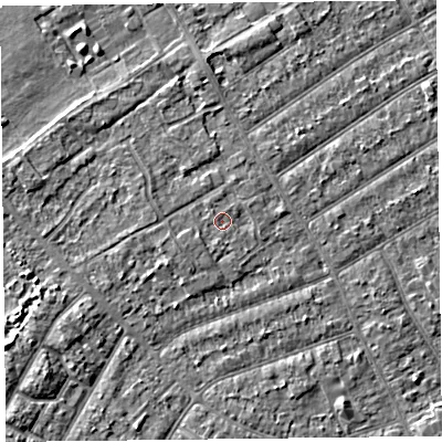 Shaded relief map of the ground around PR99QT, computed from Environment Agency LiDAR. The ground here sits at about 6 m above sea level and falls 3 m across the surrounding 800 m. Surface water reaching this point runs off ground lying to the south-west, 0.8 m higher.