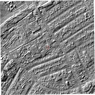 Shaded relief map of the ground around PR99QU, computed from Environment Agency LiDAR. The ground here sits at about 6 m above sea level and falls 3 m across the surrounding 800 m. Surface water reaching this point runs off ground lying to the west, 1.0 m higher.