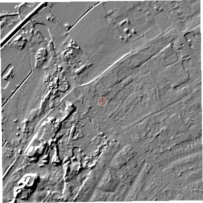 Shaded relief map of the ground around PR99QW, computed from Environment Agency LiDAR. The ground here sits at about 6 m above sea level and falls 8 m across the surrounding 800 m. Surface water reaching this point runs off ground lying to the north, 1.0 m higher.