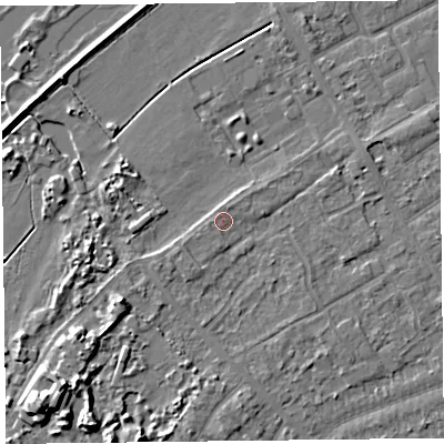 Shaded relief map of the ground around PR99QX, computed from Environment Agency LiDAR. The ground here sits at about 6 m above sea level and falls 8 m across the surrounding 800 m. Surface water reaching this point runs off ground lying to the south-south-west, 5.8 m higher.