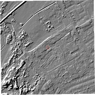 Shaded relief map of the ground around PR99QY, computed from Environment Agency LiDAR. The ground here sits at about 6 m above sea level and falls 8 m across the surrounding 800 m. Surface water reaching this point runs off ground lying to the south-west, 5.8 m higher.