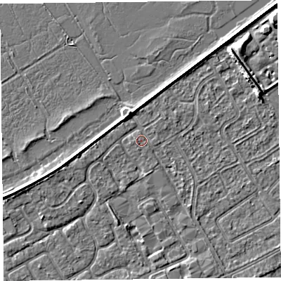 Shaded relief map of the ground around PR99RB, computed from Environment Agency LiDAR. The ground here sits at about 5 m above sea level and falls 5 m across the surrounding 800 m. Surface water reaching this point runs off ground lying to the north, 2.3 m higher.
