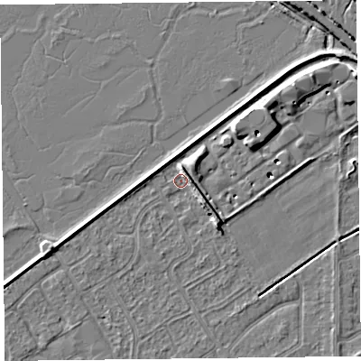 Shaded relief map of the ground around PR99RD, computed from Environment Agency LiDAR. The ground here sits at about 4 m above sea level and falls 9 m across the surrounding 800 m. Surface water reaching this point runs off ground lying to the north-east, 6.1 m higher.