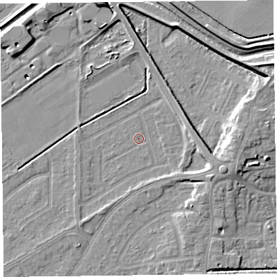 Shaded relief map of the ground around PR99RE, computed from Environment Agency LiDAR. The ground here sits at about 4 m above sea level and falls 10 m across the surrounding 800 m. Surface water reaching this point runs off ground lying to the east-south-east, 3.8 m higher.