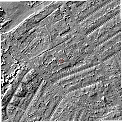Shaded relief map of the ground around PR99RF, computed from Environment Agency LiDAR. The ground here sits at about 6 m above sea level and falls 4 m across the surrounding 800 m. Surface water reaching this point runs off ground lying to the west-north-west, 0.6 m higher.