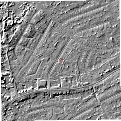 Shaded relief map of the ground around PR99RL, computed from Environment Agency LiDAR. The ground here sits at about 6 m above sea level and falls 6 m across the surrounding 800 m. Surface water reaching this point runs off ground lying to the west-south-west, 0.9 m higher.