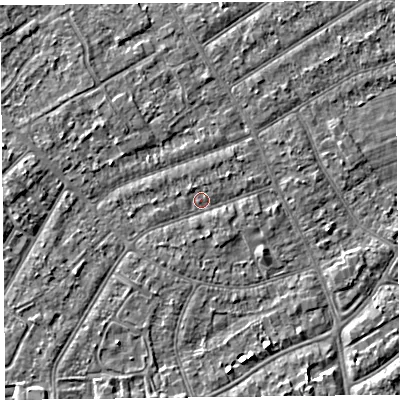 Shaded relief map of the ground around PR99RN, computed from Environment Agency LiDAR. The ground here sits at about 6 m above sea level and falls 3 m across the surrounding 800 m. Surface water reaching this point runs off ground lying to the south, 1.0 m higher.
