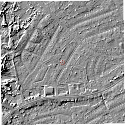 Shaded relief map of the ground around PR99RP, computed from Environment Agency LiDAR. The ground here sits at about 6 m above sea level and falls 7 m across the surrounding 800 m. Surface water reaching this point runs off ground lying to the south-south-west, 0.9 m higher.