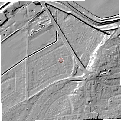 Shaded relief map of the ground around PR99RQ, computed from Environment Agency LiDAR. The ground here sits at about 4 m above sea level and falls 10 m across the surrounding 800 m. Surface water reaching this point runs off ground lying to the east-south-east, 3.8 m higher.