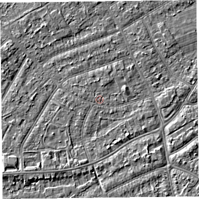 Shaded relief map of the ground around PR99RR, computed from Environment Agency LiDAR. The ground here sits at about 6 m above sea level and falls 3 m across the surrounding 800 m. Surface water reaching this point runs off ground lying to the west-north-west, 0.6 m higher.