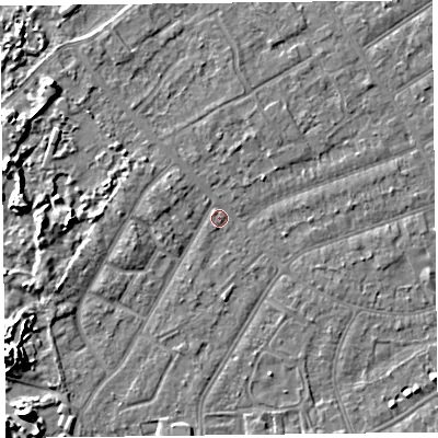 Shaded relief map of the ground around PR99RS, computed from Environment Agency LiDAR. The ground here sits at about 6 m above sea level and falls 7 m across the surrounding 800 m. Surface water reaching this point runs off ground lying to the west-south-west, 6.1 m higher.